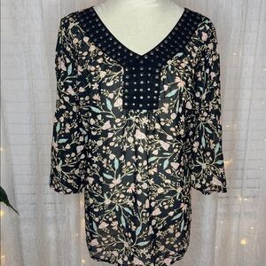 Woman Within Black and Pink Floral Top with Embellished V-Neck